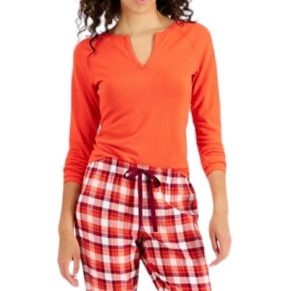 Jenni Split Neck Ribbed Pajama Top Bundle Papaya Punch Red June Bug Green Small - Picture 2 of 11